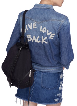 Detail View - Click To Enlarge - SANDRINE ROSE - 'The Moss' slogan embroidered tie front denim blouse