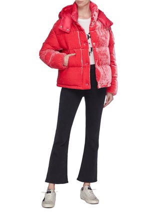 Figure View - Click To Enlarge - MONCLER - 'Caille' detachable contrast hood down puffer velvet jacket