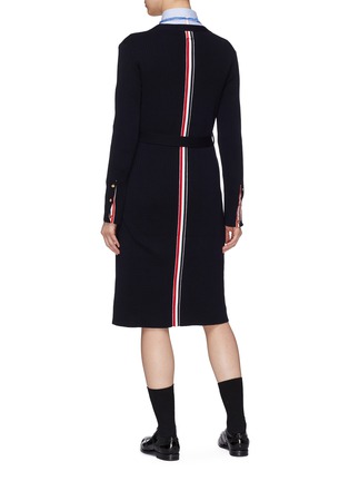 Back View - Click To Enlarge - THOM BROWNE  - Belted stripe back long wool cardigan