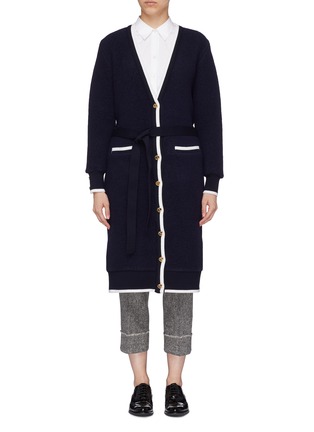 Main View - Click To Enlarge - THOM BROWNE  - Belted stripe border brushed wool long cardigan