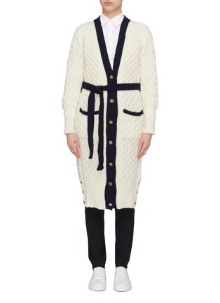 Main View - Click To Enlarge - THOM BROWNE  - Belted contrast border cable knit long cardigan