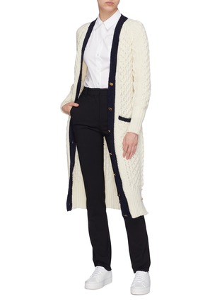 Figure View - Click To Enlarge - THOM BROWNE  - Belted contrast border cable knit long cardigan
