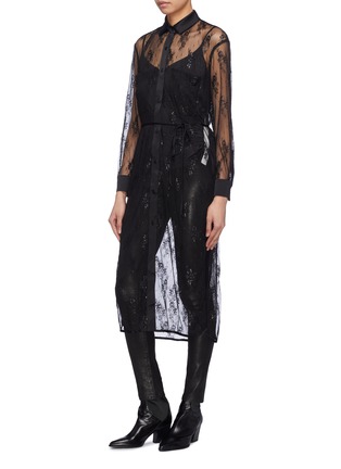 Front View - Click To Enlarge - AMIRI - Belted Chantilly lace shirt dress