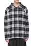 Main View - Click To Enlarge - SONG FOR THE MUTE - 'Plant.' slogan embroidered cotton-silk tartan plaid herringbone hoodie