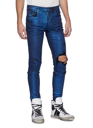 Front View - Click To Enlarge - AMIRI - Foil denim ripped skinny jeans