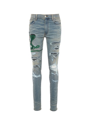 Main View - Click To Enlarge - AMIRI - Snake appliqué paint splatter ripped skinny jeans