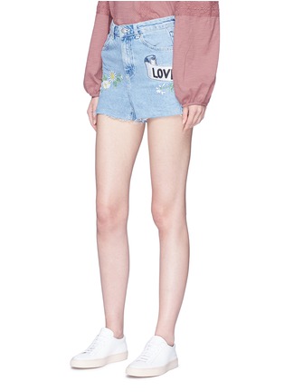 Front View - Click To Enlarge - TOPSHOP - 'Mom' graphic embroidered denim shorts