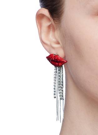Figure View - Click To Enlarge - VENNA - Glass crystal lips chain fringe drop earrings