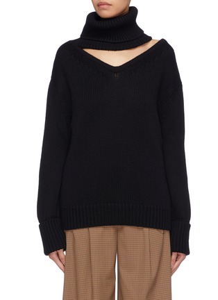 Main View - Click To Enlarge - MONSE - Cutout yoke one-shoulder wool turtleneck sweater