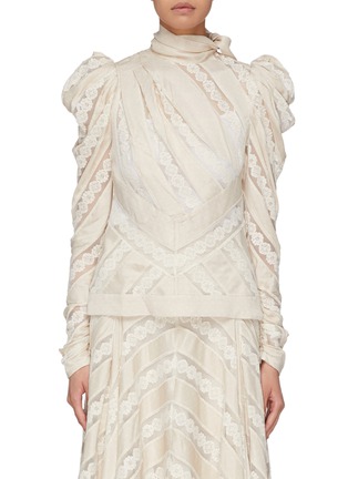 Main View - Click To Enlarge - ZIMMERMANN - Puff sleeve mesh lace stripe satin top