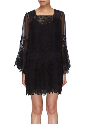 Main View - Click To Enlarge - ZIMMERMANN - 'Tempest' pompom border floral embroidered silk smock dress