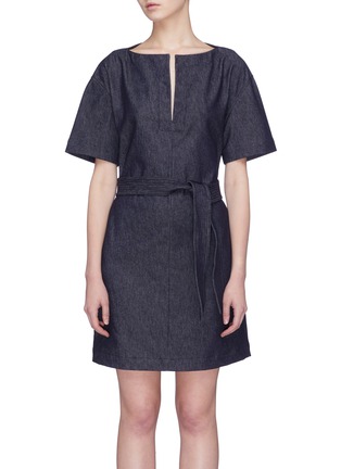 Main View - Click To Enlarge - THEORY - Belted split neckline denim shift dress