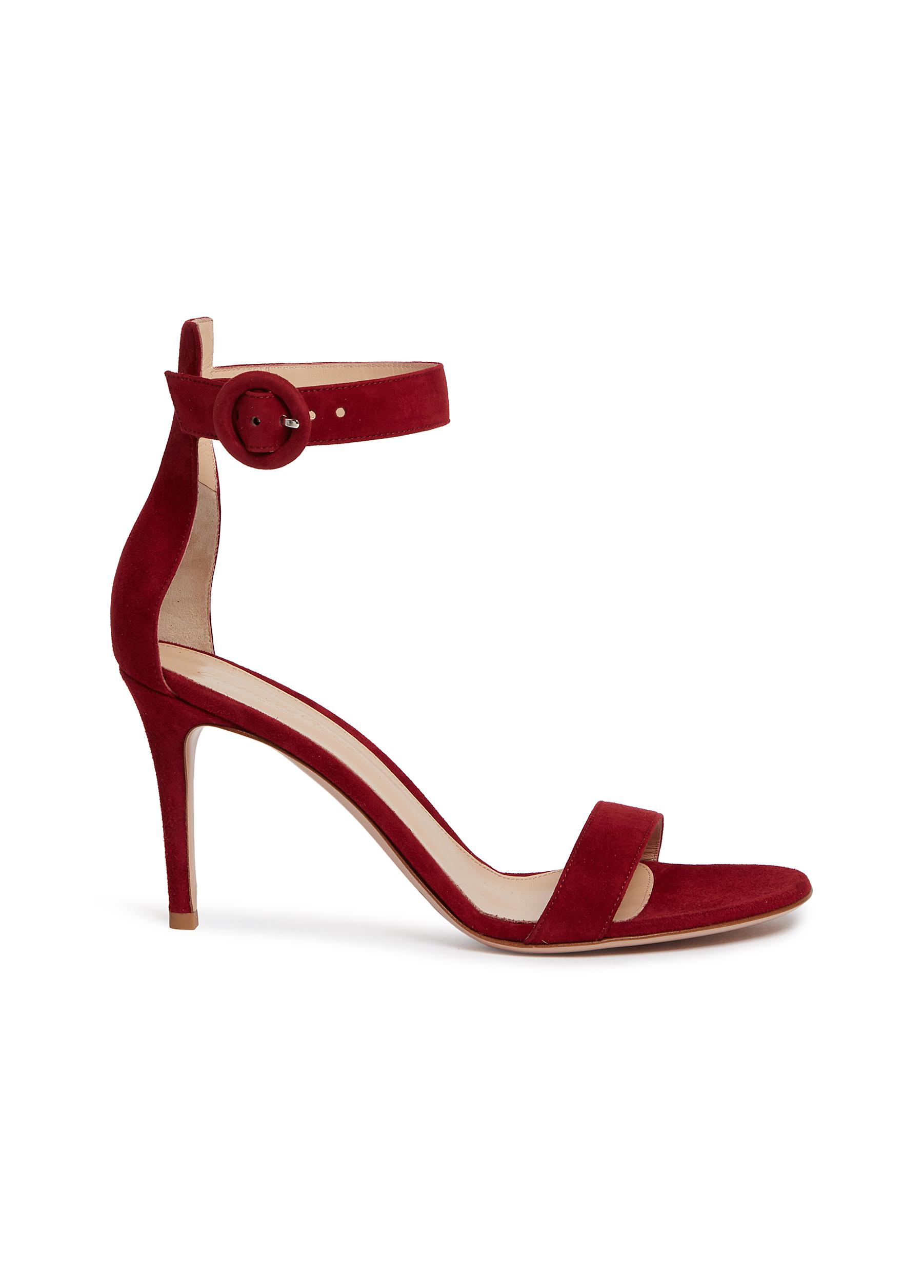 Red suede sandals online heels