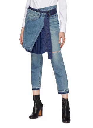 Front View - Click To Enlarge - SACAI - Buckled pleated wrap overlay cropped jeans