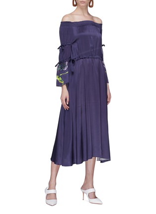 Figure View - Click To Enlarge - PATRICIA IGLESIAS - Floral print tie sleeve off-shoulder silk dress