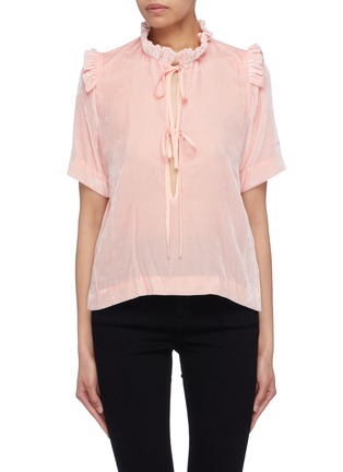 Main View - Click To Enlarge - CECILIE BAHNSEN - 'Sam' tie keyhole front ruffle velvet T-shirt