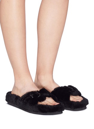 Figure View - Click To Enlarge - ALEXANDER WANG - 'Bee' buckle strap lamb fur slide sandals