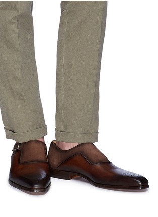 Figure View - Click To Enlarge - MAGNANNI - Suede panel monk strap leather shoes