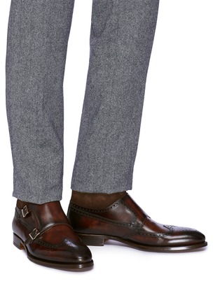 Figure View - Click To Enlarge - MAGNANNI - Suede panel double monk strap leather boots
