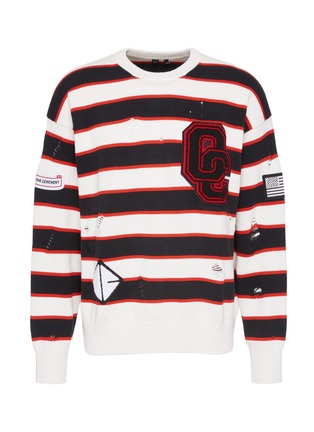 Main View - Click To Enlarge - OPENING CEREMONY - Logo chenille patch stripe distressed unisex varsity sweater