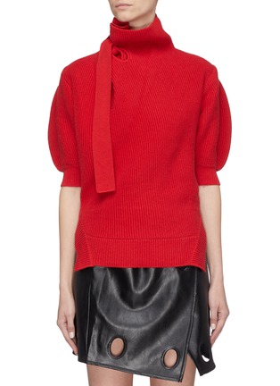 Main View - Click To Enlarge - SELF-PORTRAIT - Tie neck puff sleeve cotton-wool turtleneck sweater