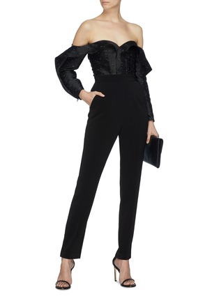 Figure View - Click To Enlarge - SELF-PORTRAIT - 'Midnight' ruffle sleeve off-shoulder jacquard jumpsuit