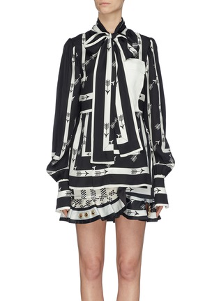 Main View - Click To Enlarge - SELF-PORTRAIT - Contrast pocket arrow print pussybow cape top