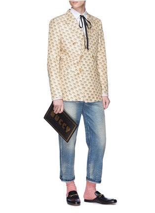 Figure View - Click To Enlarge - GUCCI - Logo invite stamp print double breasted silk blazer