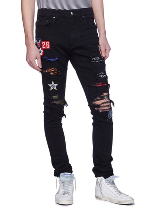 Front View - Click To Enlarge - AMIRI - Mix appliqué ripped skinny jeans