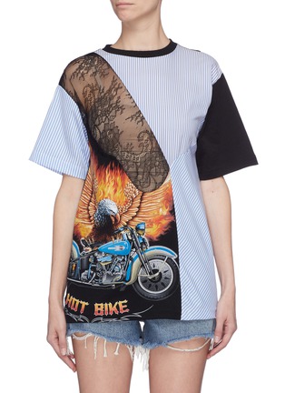 Main View - Click To Enlarge - DRY CLEAN ONLY - 'Rider' Chantilly lace stripe graphic print panel T-shirt