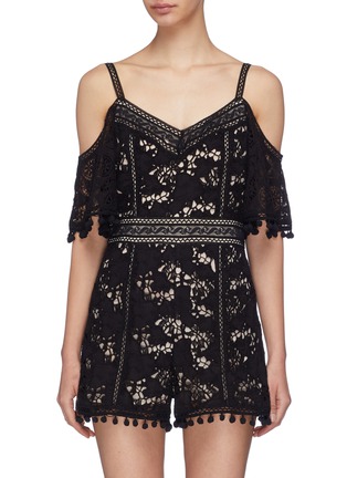 Main View - Click To Enlarge - ALICE & OLIVIA - 'Drixa' pom pom guipure lace off-shoulder rompers