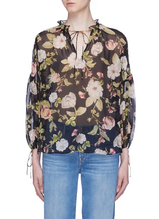 Main View - Click To Enlarge - ALICE & OLIVIA - 'Julius' floral print ruffle neck silk tunic top