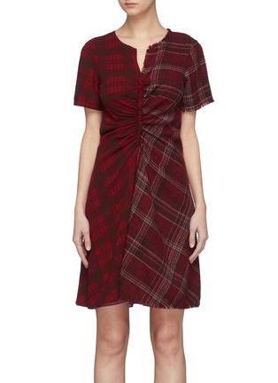 Main View - Click To Enlarge - ACNE STUDIOS - Ruched front tartan plaid tweed crepe patchwork dress
