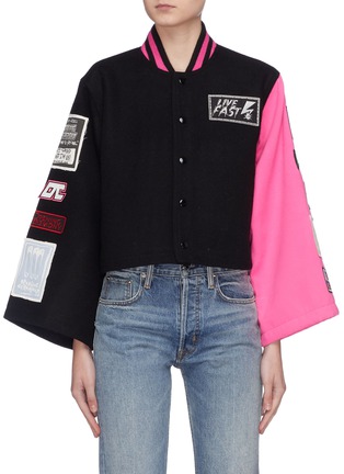 Main View - Click To Enlarge - OPENING CEREMONY - Mix logo patch colourblock cropped varsity jacket