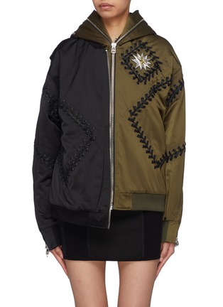 Main View - Click To Enlarge - 10753 - Colourblock star appliqué lace-up hooded layered jacket