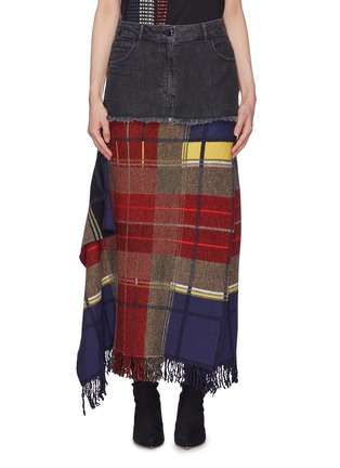 Main View - Click To Enlarge - SONIA RYKIEL - Tartan plaid drape fringe panel denim skirt