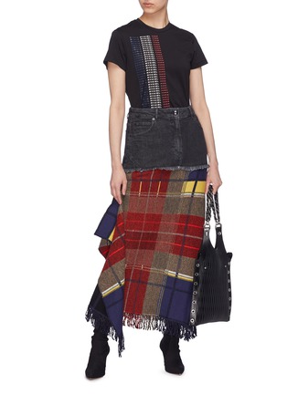Figure View - Click To Enlarge - SONIA RYKIEL - Tartan plaid drape fringe panel denim skirt