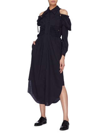 Figure View - Click To Enlarge - 10478 - Puff sleeve smocked cold shoulder shirt dress