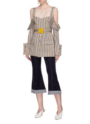 Figure View - Click To Enlarge - SILVIA TCHERASSI - 'Jack' belted stripe drape sleeve cold shoulder top
