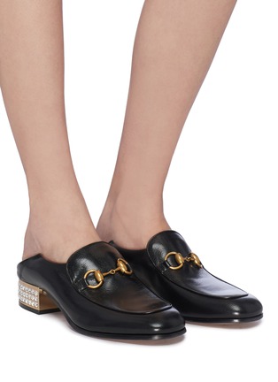 Figure View - Click To Enlarge - GUCCI - Glass crystal heel leather step-in horsebit loafer pumps