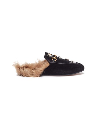 Main View - Click To Enlarge - GUCCI - 'Princetown' glass crystal bee lamb fur velvet slide loafers