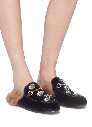 Figure View - Click To Enlarge - GUCCI - 'Princetown' glass crystal bee lamb fur velvet slide loafers