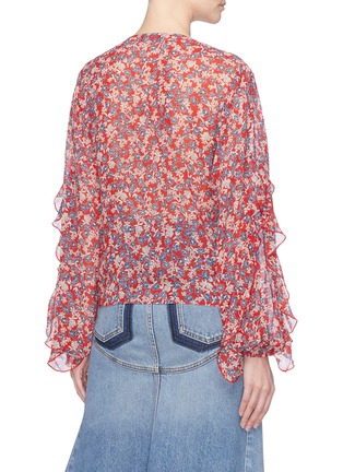Back View - Click To Enlarge - 72723 - Ruffle sleeve blossom print silk crepe blouse