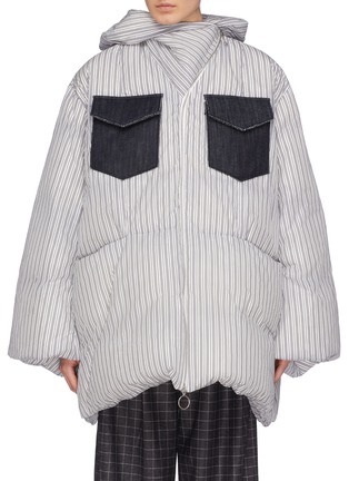Main View - Click To Enlarge - DAWEI - Denim flap pocket asymmetric zip stripe puffer jacket