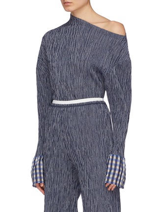 Front View - Click To Enlarge - DAWEI - Gingham check cuff wool-cotton one-shoulder seersucker bodysuit