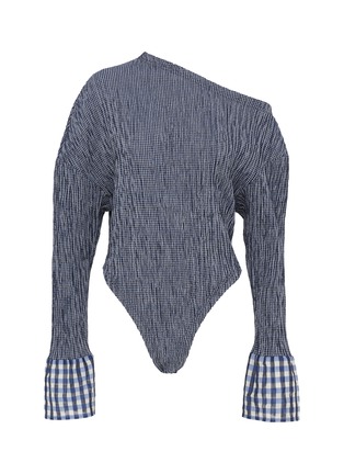 Main View - Click To Enlarge - DAWEI - Gingham check cuff wool-cotton one-shoulder seersucker bodysuit