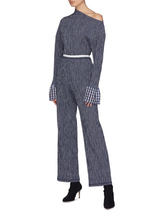 Figure View - Click To Enlarge - DAWEI - Gingham check cuff wool-cotton one-shoulder seersucker bodysuit