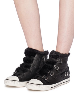 Figure View - Click To Enlarge - ASH - 'Valko' faux fur buckled leather high top sneakers