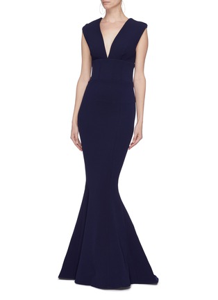 Figure View - Click To Enlarge - REBECCA VALLANCE - 'Mimosa' cutout back V-neck fishtail gown