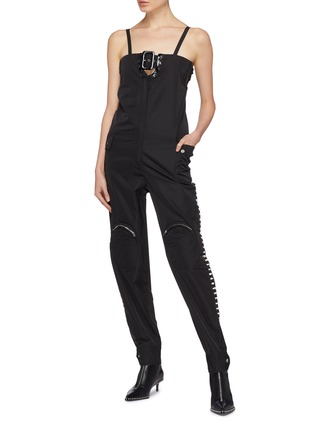 Figure View - Click To Enlarge - JINNNN - Buckled yoke knee pocket lace-up outseam jumpsuit